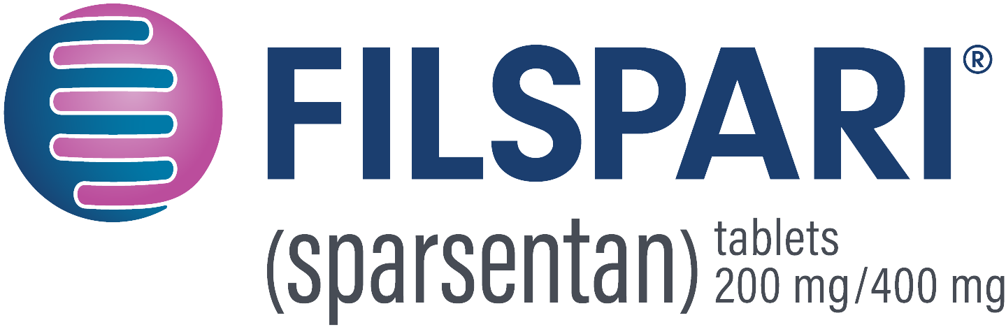 Logo for FILSPARI™, featuring the product name, tablet dose, and a purple circle half-covered by a blue, comb-shaped image
