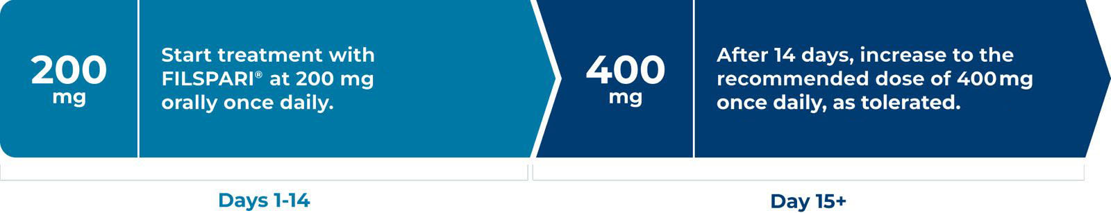 Take FILSPARI 200 mg orally once daily and on day 15, increase to 400 mg daily as tolerated.