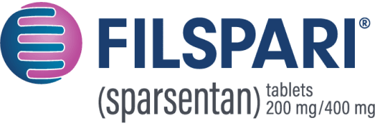 Logo for FILSPARI® (sparsentan), featuring the product name, tablet dose, and a purple circle half-covered by a blue, comb-shaped image.