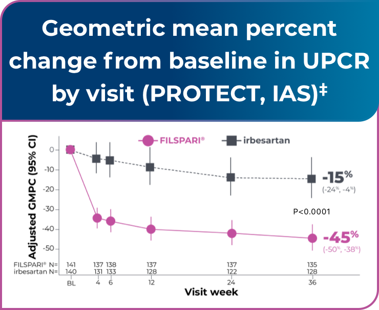 Line graph showing rapid urine protein-to-creatinine reduction of 45% achieved with FILSPARI versus 15% with irbesartan. Treatment effect started as early as Week 4